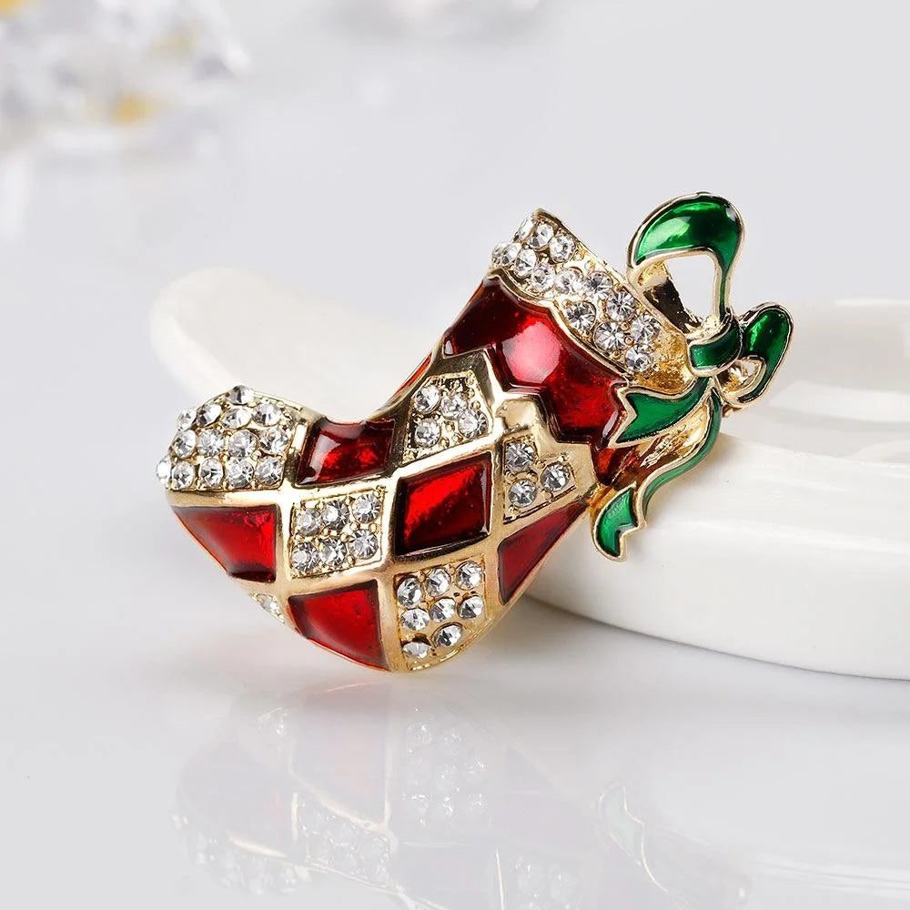 Luxury Rhinestone Enamel Christmas Stocking Boot Brooch, Alloy Holiday Lapel Pin Corsage Gift For Women