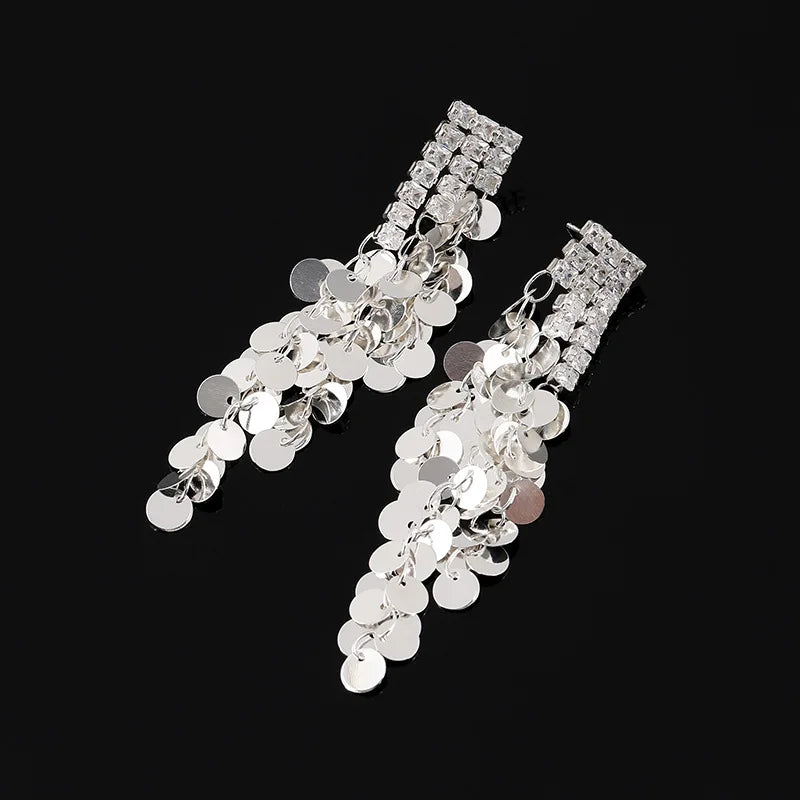 Elegant Luxury Silver Alloy Rhinestone Sequin Long Tassel Stud & Clip On No Piercing Dangle Earrings