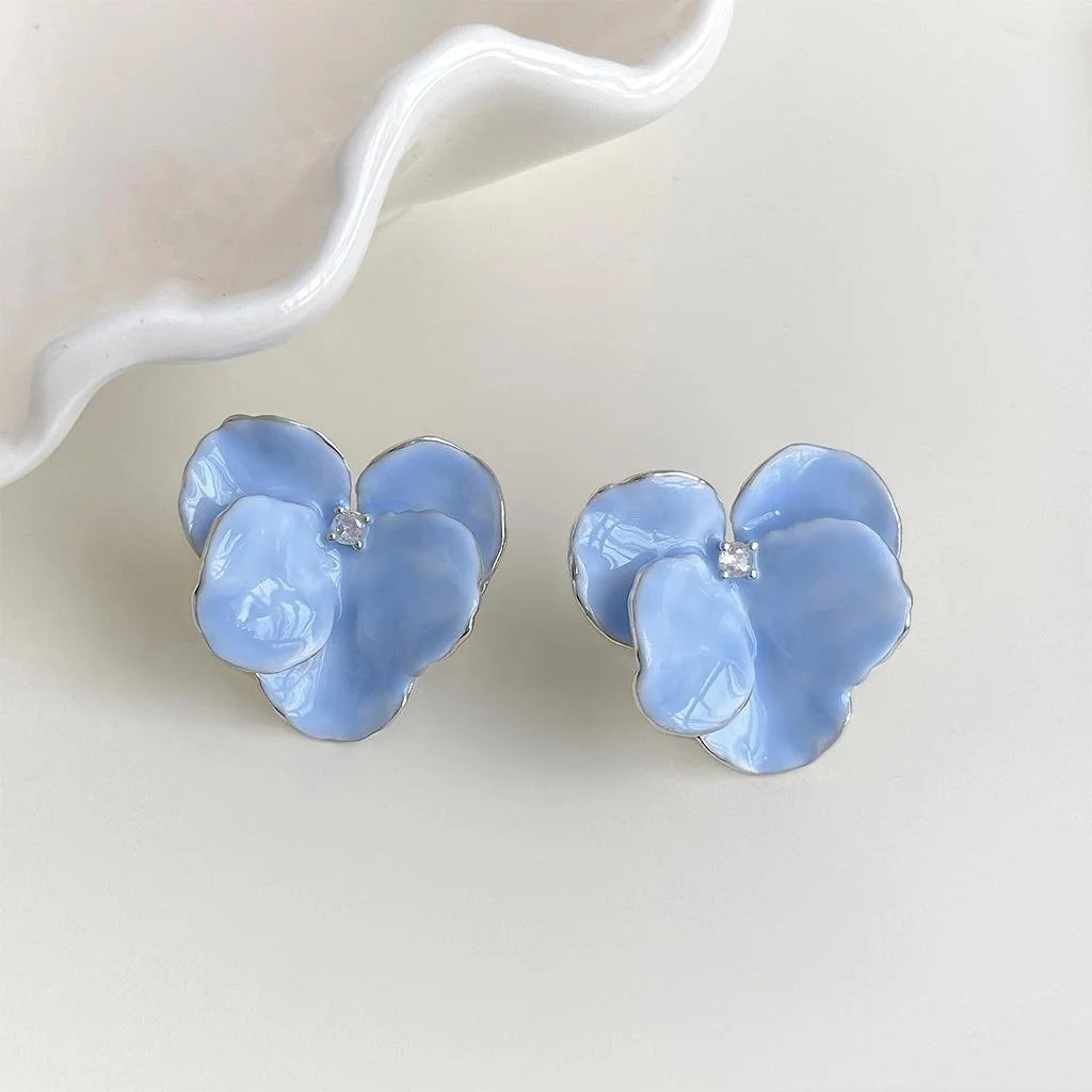 White Gold Plated Copper Baby Blue Iris Flower Drop Earrings Sweet Elegant Floral Jewelry