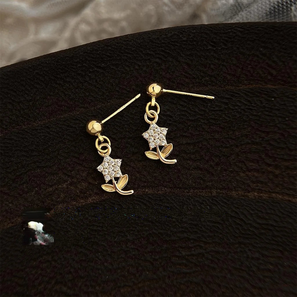 Fresh Sweet 14K Plated Micro Pave Zircon Flower Leaf Copper Drop Earrings