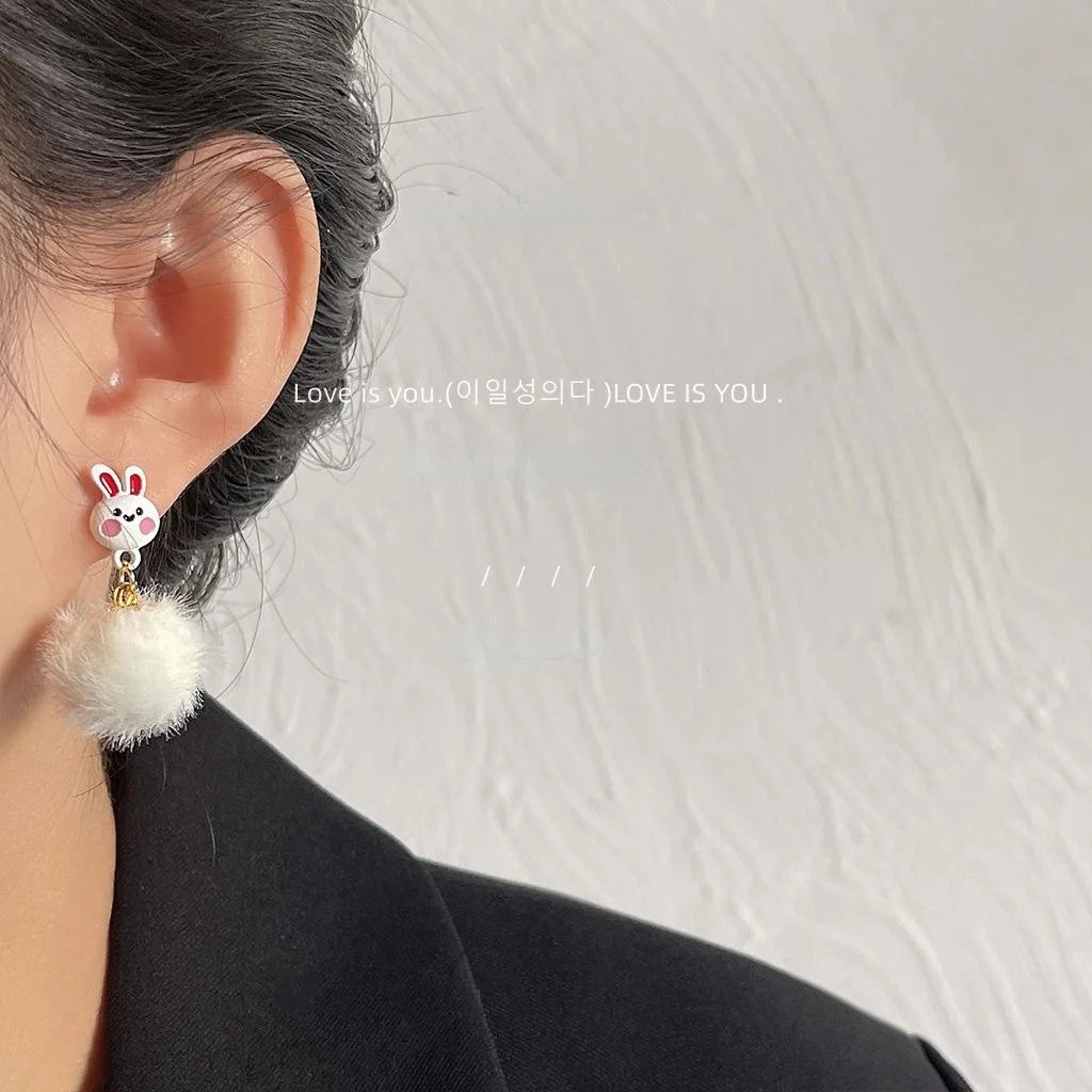 Cute Plush Bunny Stud Earrings Silver Plated Pin Fluffy Pom Pom Winter Animal Jewelry