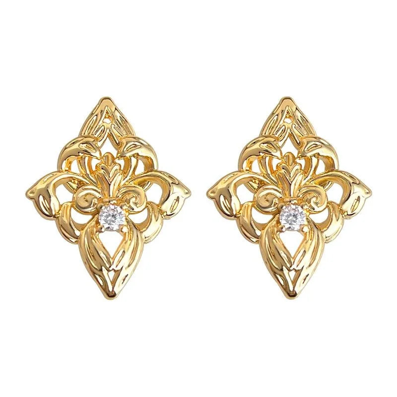 Iris Flower Geometric Zircon Copper 14K Plated Luxury Stud Earrings