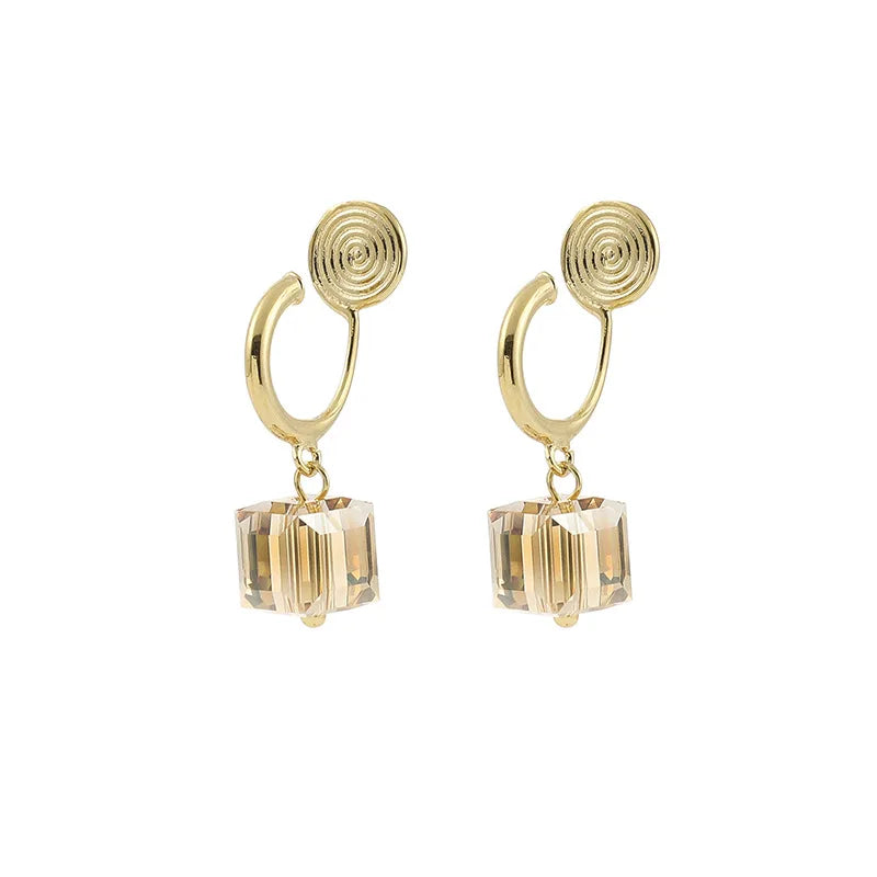 Elegant Gold Tone Cube Crystal Hoop Dangle Stud & Clip On No Piercing Sweet Luxury Earrings