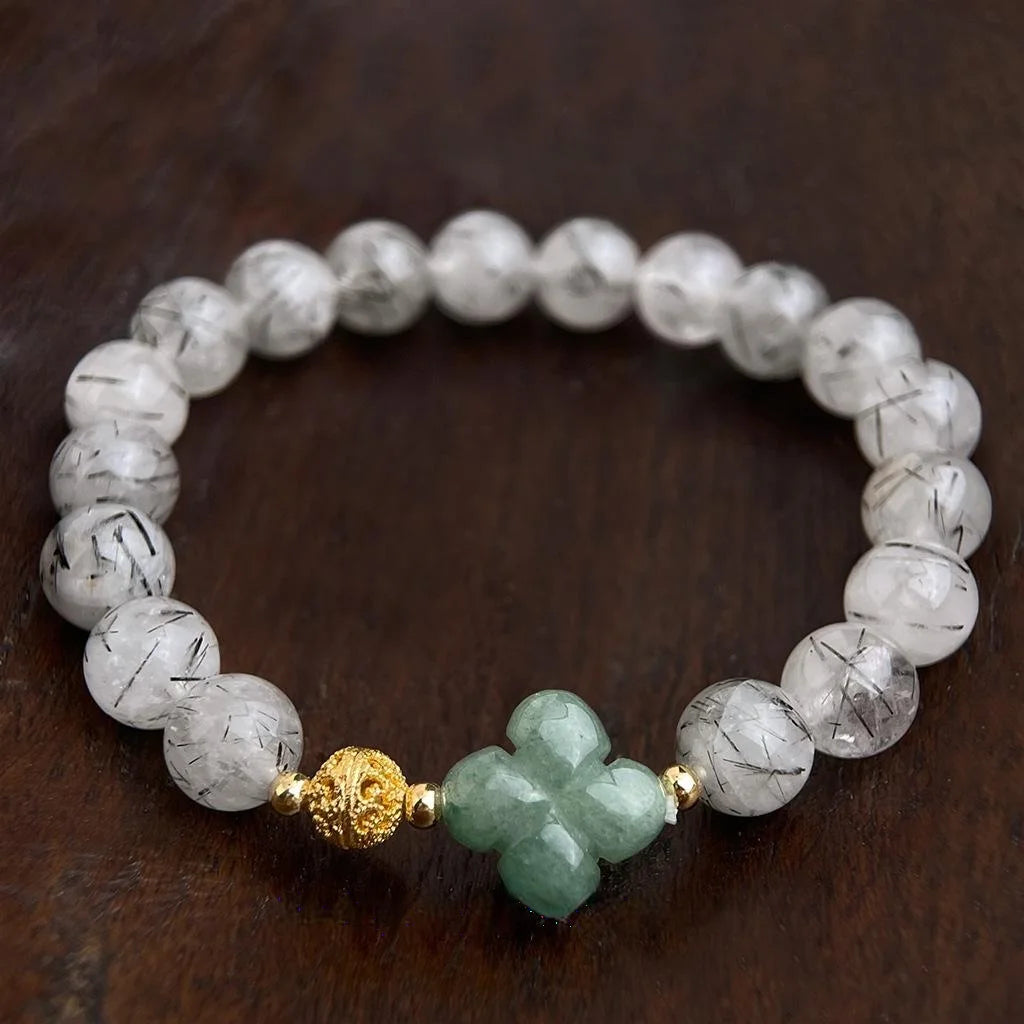 Vintage Ethnic Natural Stone Black Rutilated Quartz Aventurine Crystal Beaded Bracelet