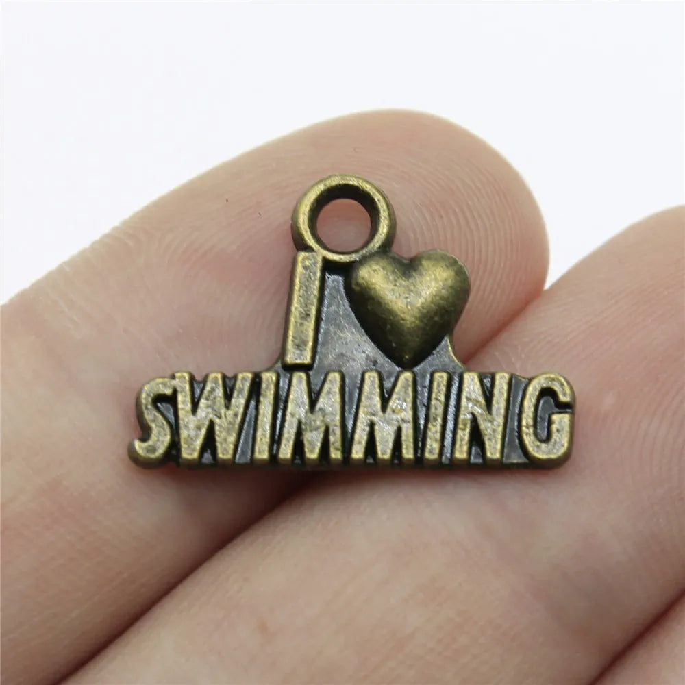 22x15mm 1.6g Multicolor Zinc Alloy I Love Swimming Charm Pendant for DIY Sports Jewelry Making