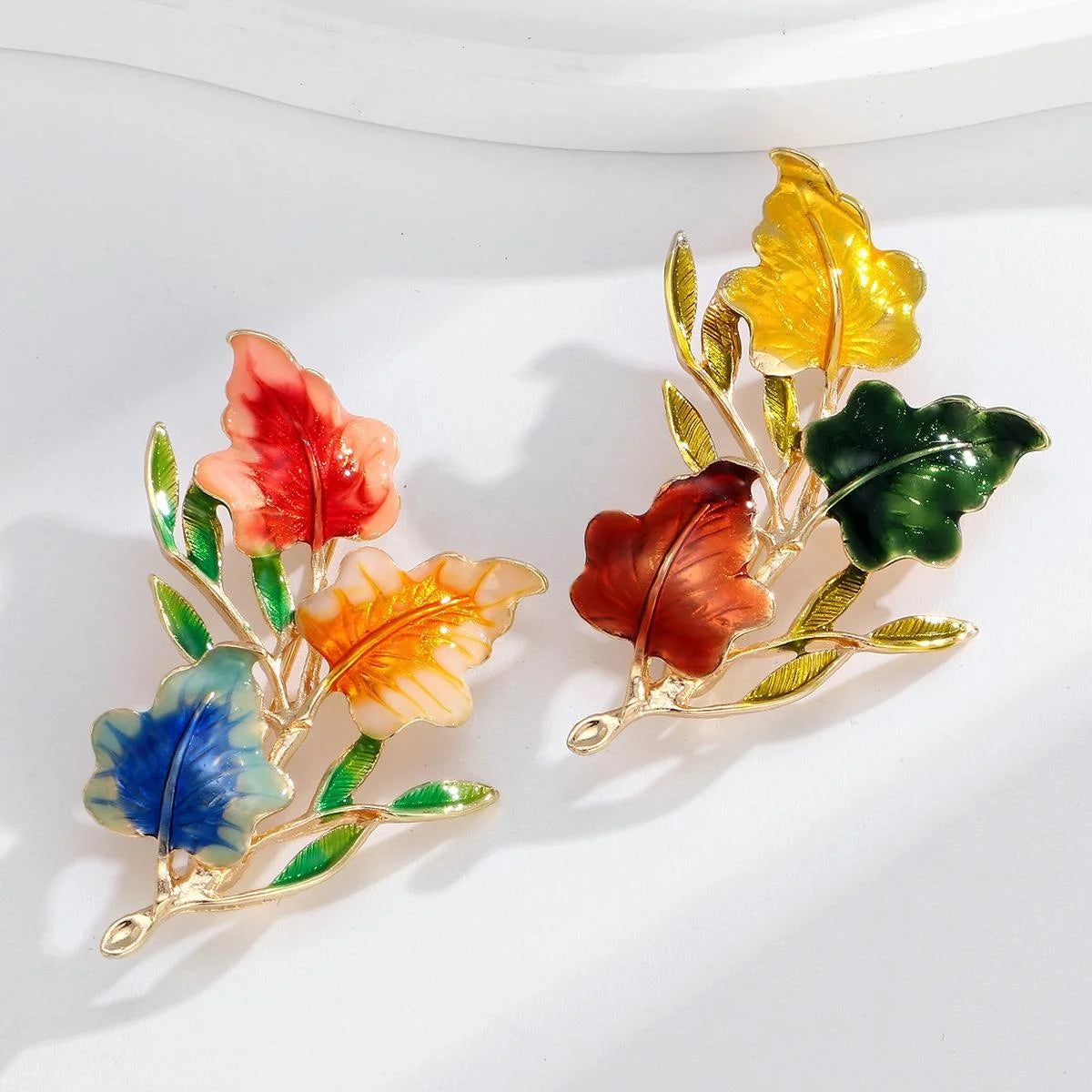 Elegant Enamel Flower And Leaf Brooch, Gold Tone Alloy Floral Lapel Pin Corsage Suit Accessory Gift