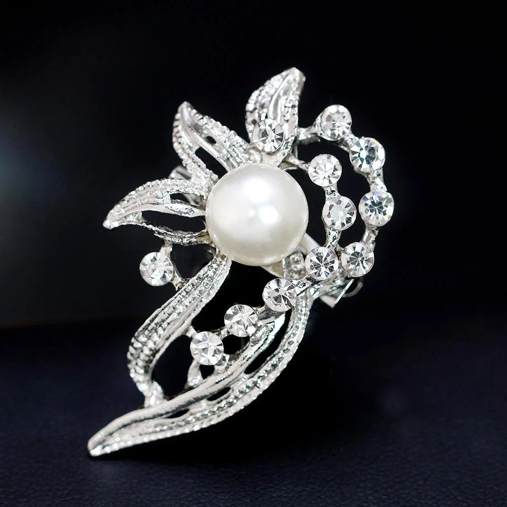 Elegant Pearl Rhinestone Leaf Brooch For Women, Silver Alloy Lapel Pin Corsage Suit Accessory Gift