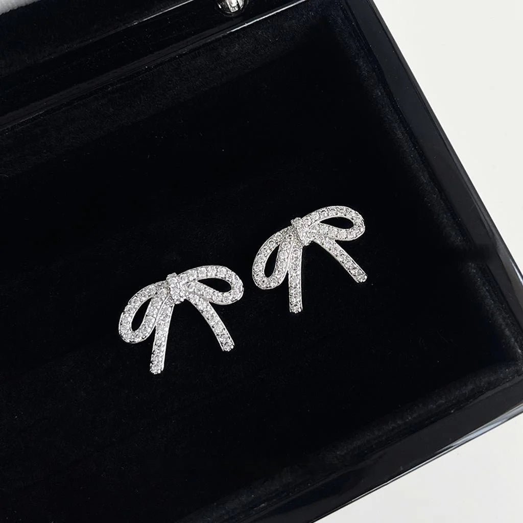 Micro Pave Zircon Copper Bow Knot Stud Earrings Sweet Minimalist Ribbon Commuter Jewelry