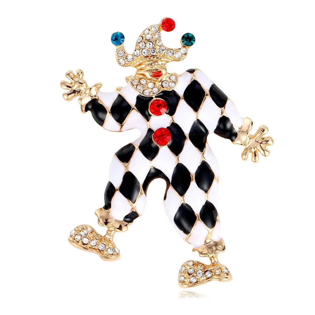 Vintage Circus Clown Enamel Rhinestone Brooch, Black White Harlequin Lapel Pin Suit Accessory Gift