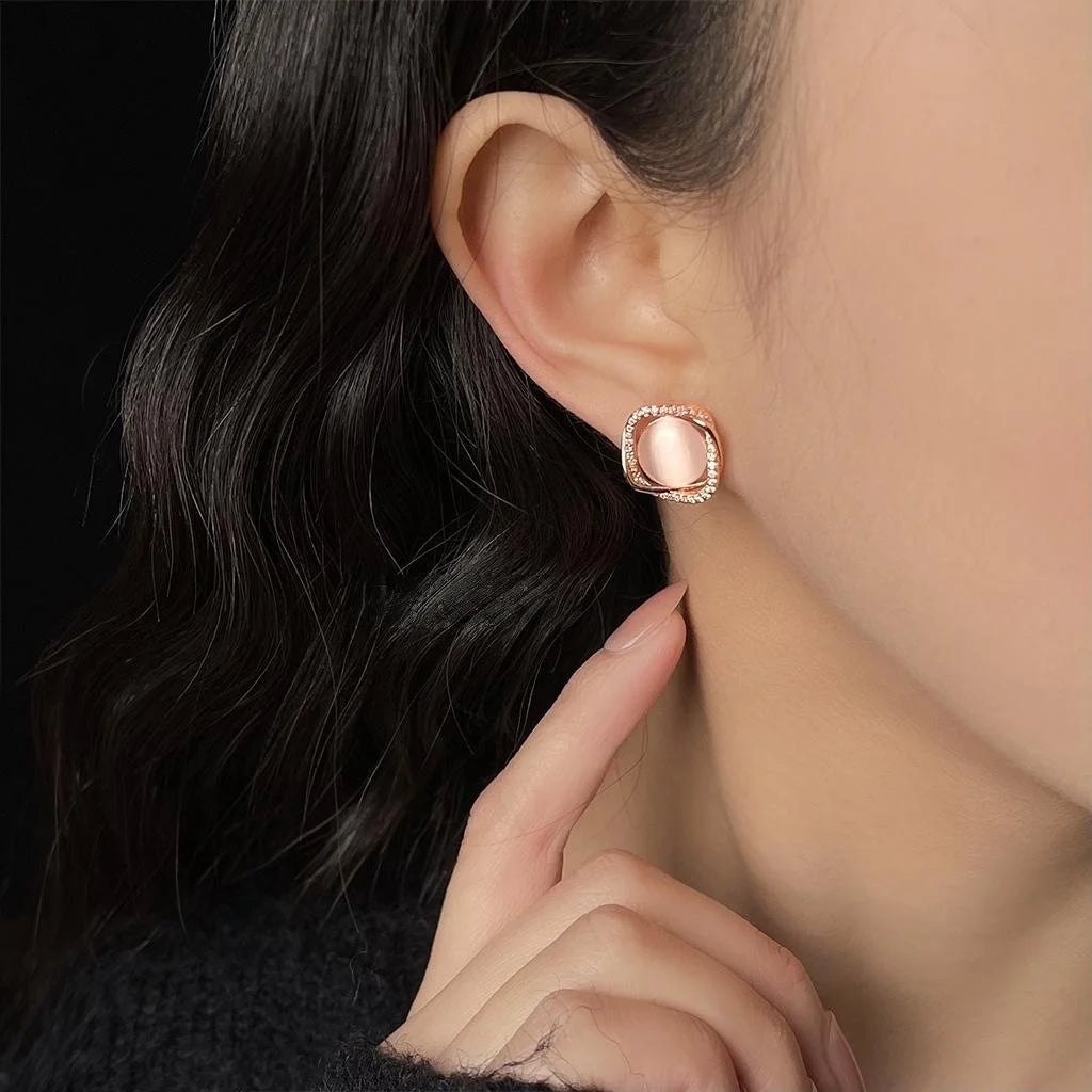 Copper Rose Gold Plated Geometric Square Stud Earrings With Zircon Glass Cat Eye Stone