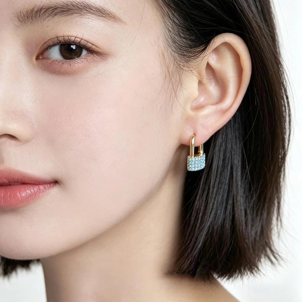 Luxury Style Eco Copper Malachite Full Zircon U Shaped Lock Drop Earrings For Women
