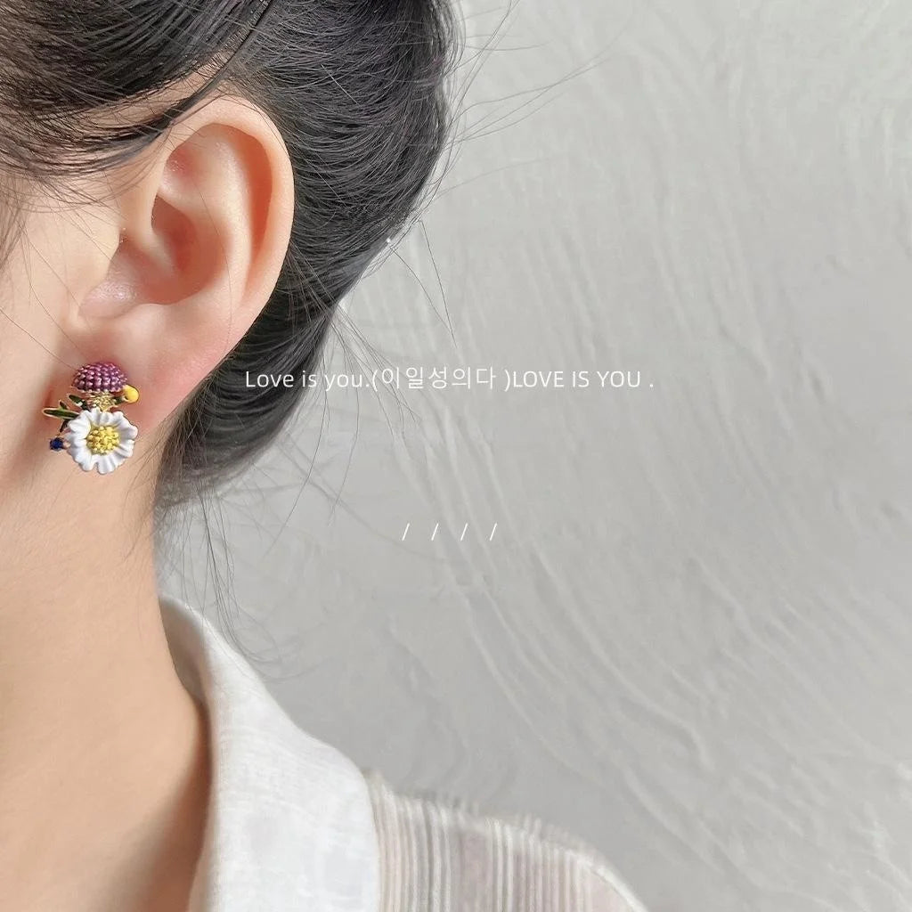 Vintage Enamel Glazed Flower Stud Earrings 14K Plated Copper Asymmetric Forest Style Jewelry