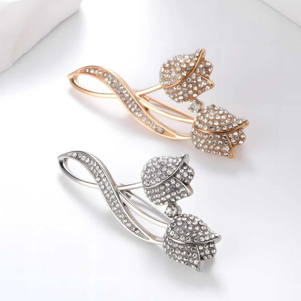 Elegant Rhinestone Tulip Flower Brooch For Women, Rose Gold Alloy Lapel Pin Corsage Suit Accessory Gift