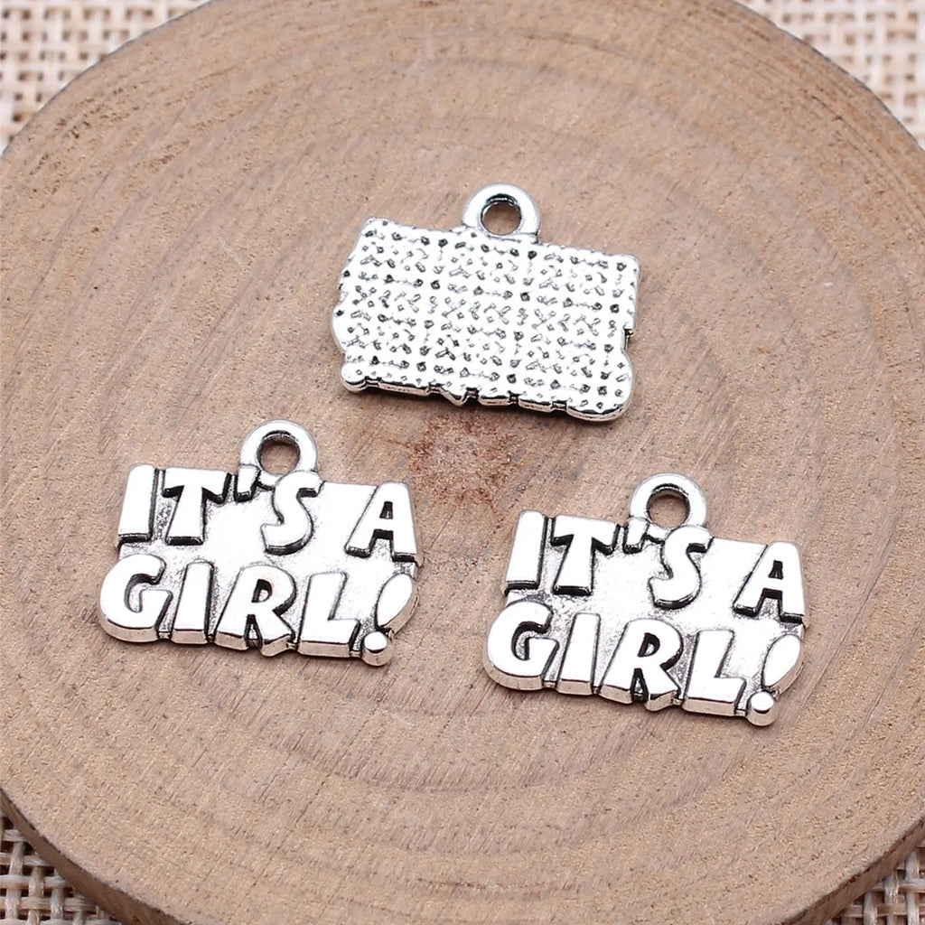 17x14mm 1.7g Antique Silver Zinc Alloy IT'S A GIRL Word Tag Charm Pendant for DIY Bracelet Jewelry