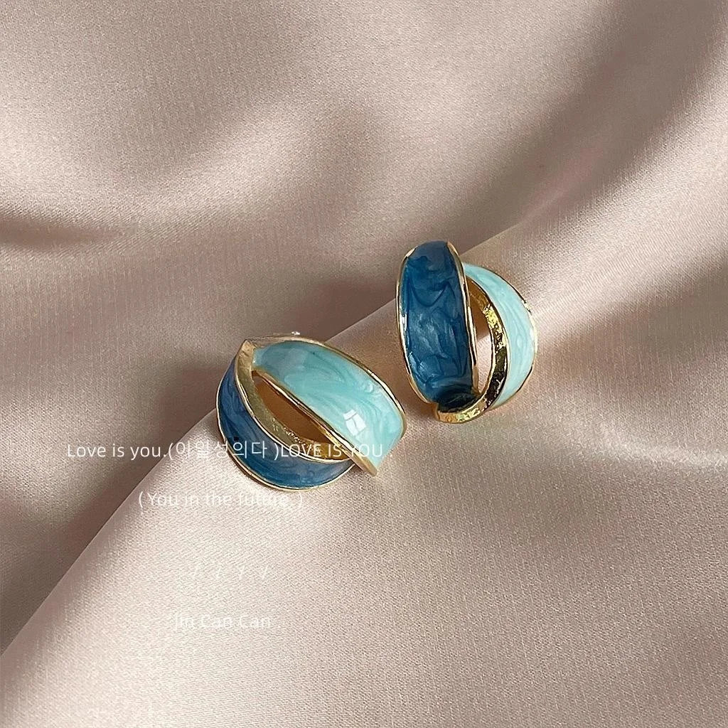 Premium 14K Plated Copper Klein Blue Oval Geometric Cross Stud Earrings