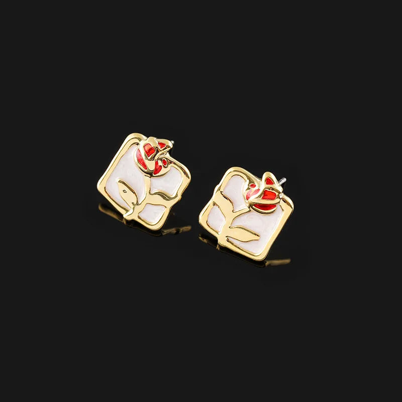 Elegant Enamel Red Rose Square Alloy Flower Stud & Clip On No Piercing Women's Fashion Earrings