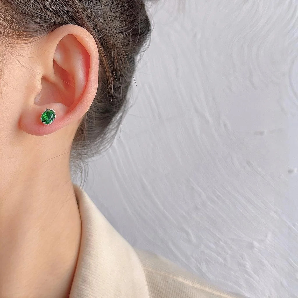 Mini Emerald Green Oval Zircon Pave Copper Stud Earrings With Silver Plated Pins
