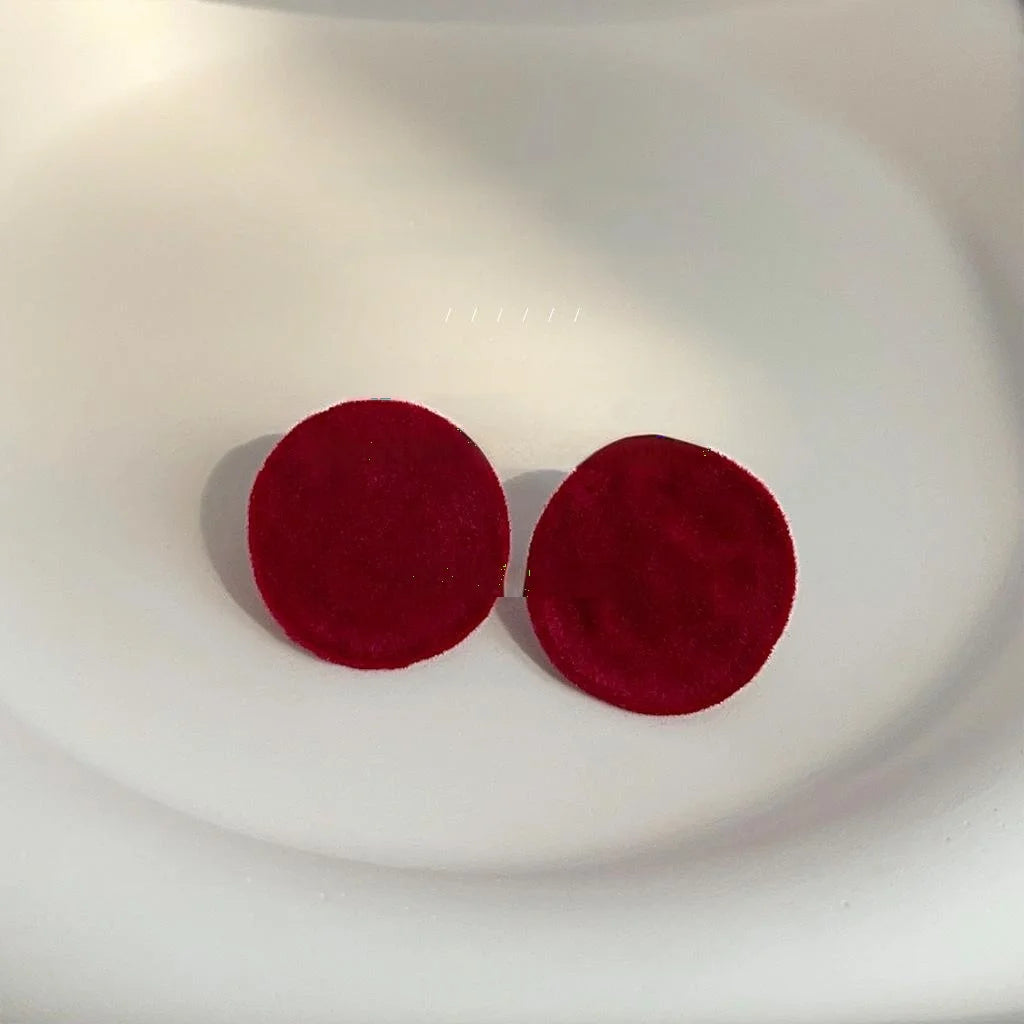 Vintage Hong Kong Style Burgundy Flocked Furry Curved Irregular Round Geometric Stud Earrings