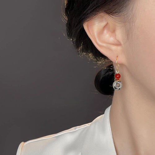 Ethnic Style Natural Red Agate Geometric Round Hoop Drop Earrings Handmade Design