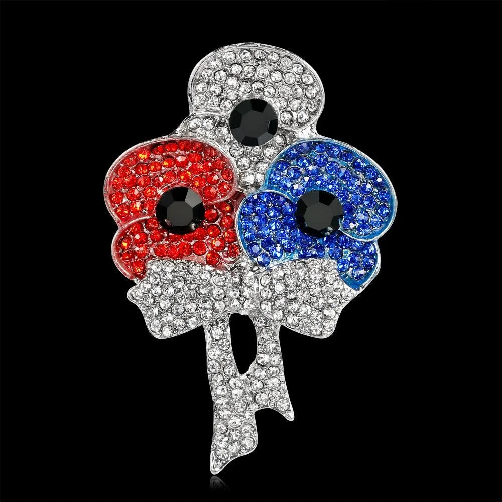 Elegant Rhinestone Poppy Flower Bouquet Brooch Red Blue Crystal Lapel Pin Corsage Suit Accessory Gift