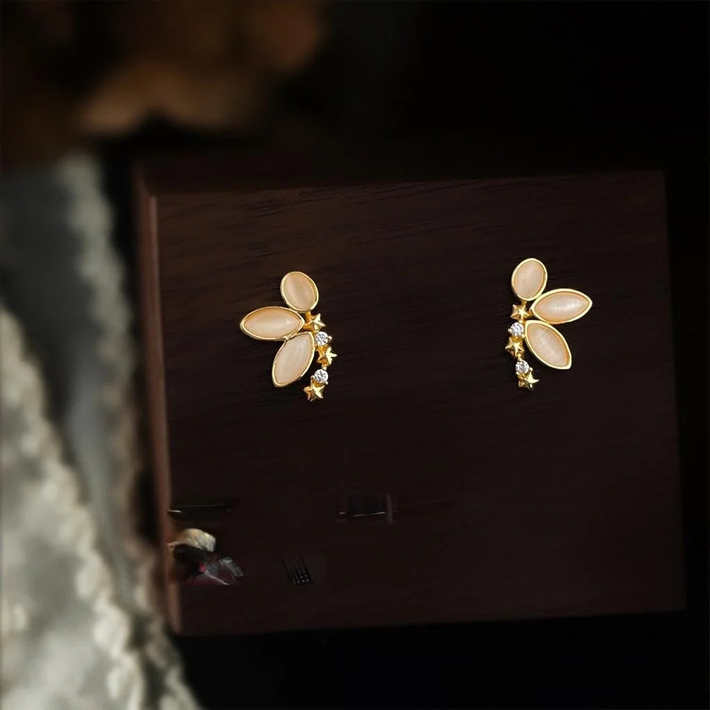 Luxury Floral Petal Stud Earrings With Glass Cat Eye Stone Micro Pave Zircon