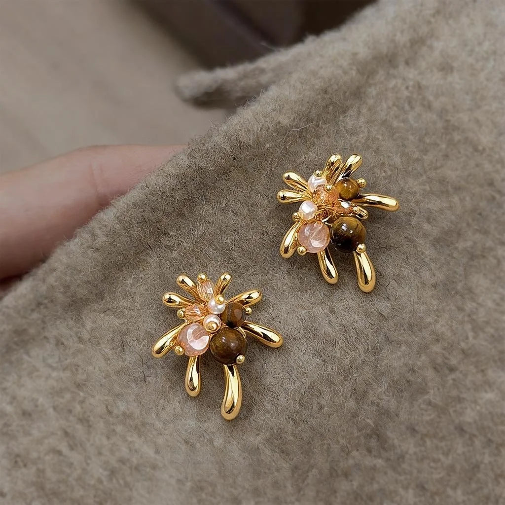 Maillard Style Tiger Eye Pearl Firework Drop Earrings Vintage French Jewelry