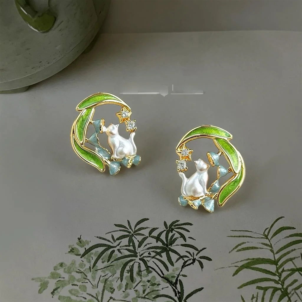 Cute Cat And Orchid Painted Micro Pave Zircon Copper Stud Earrings With Silver Plated Pins