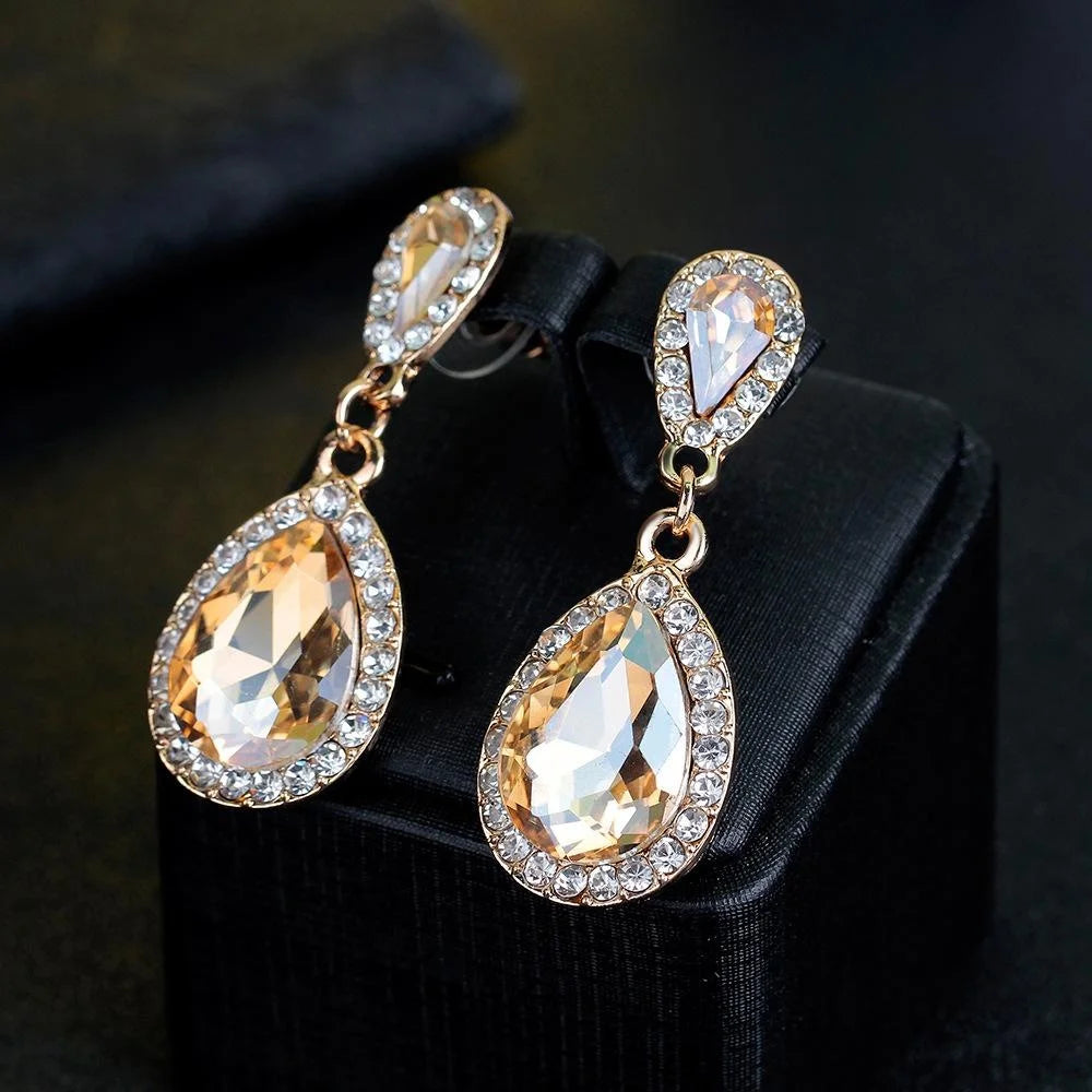 Elegant Champagne Crystal Teardrop Dangle Earrings With Rhinestone Halo For Wedding Party Gift