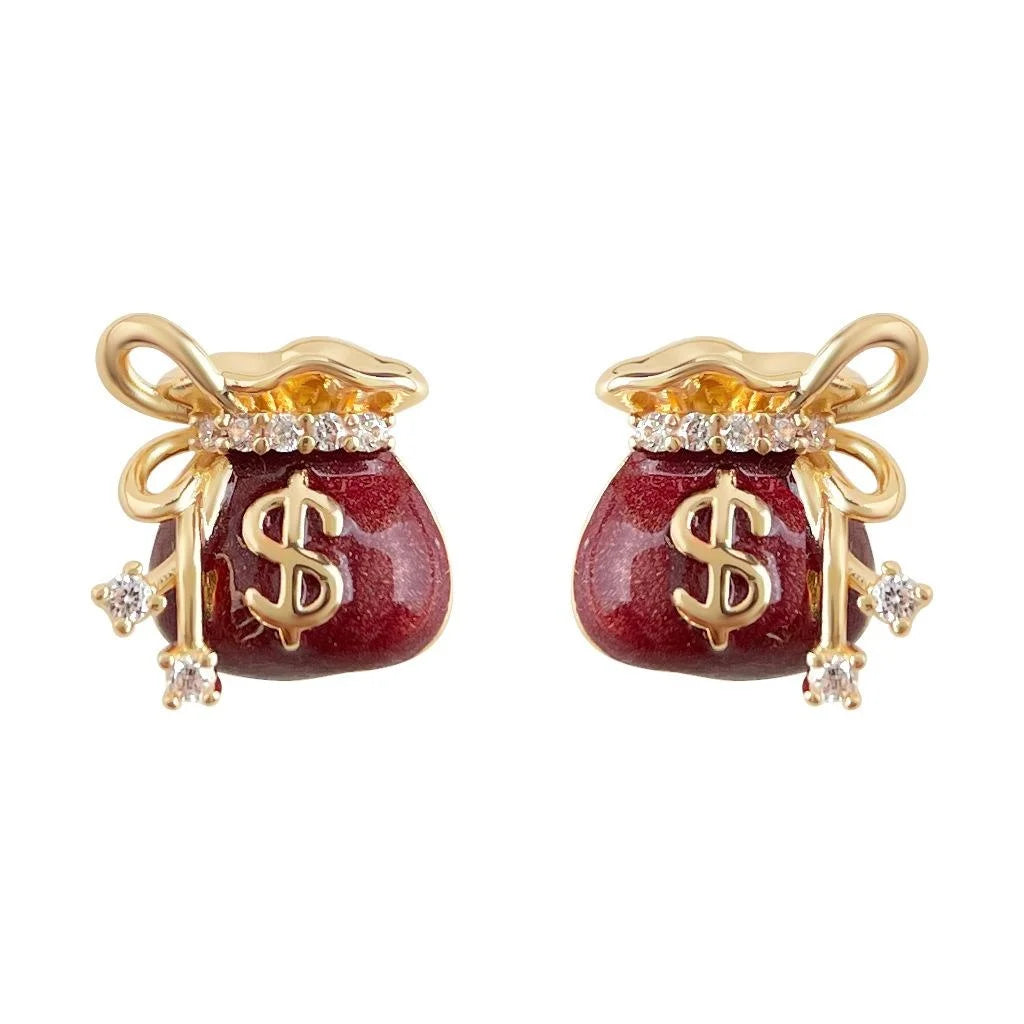 Luxury Burgundy Enamel Zircon Copper Money Bag Stud Earrings