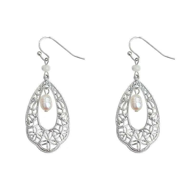 Natural Freshwater Pearl Teardrop Hollow Geometric Ethnic Handmade Drop Earrings