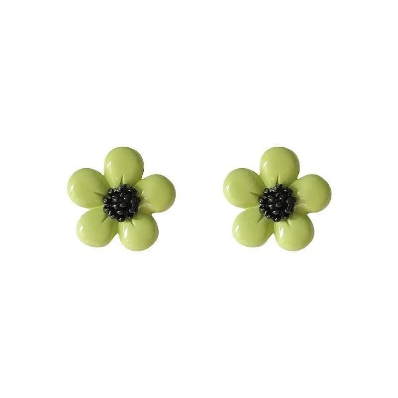 Avocado Green Flower Stud Earrings Silver Plated Alloy Korean Japanese Fresh Forest Style