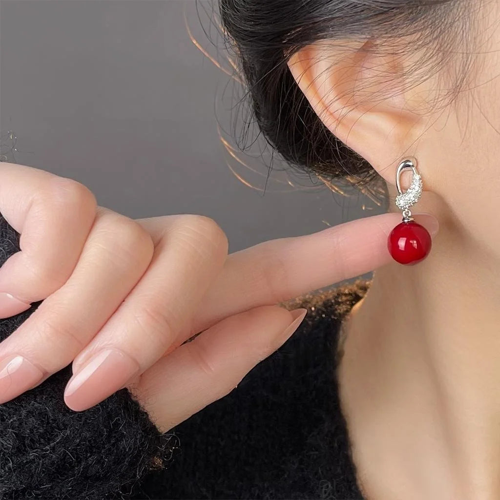 Vintage Red Glass Pearl Zircon Micro Pave Copper Drop Earrings With Silver Plated Posts