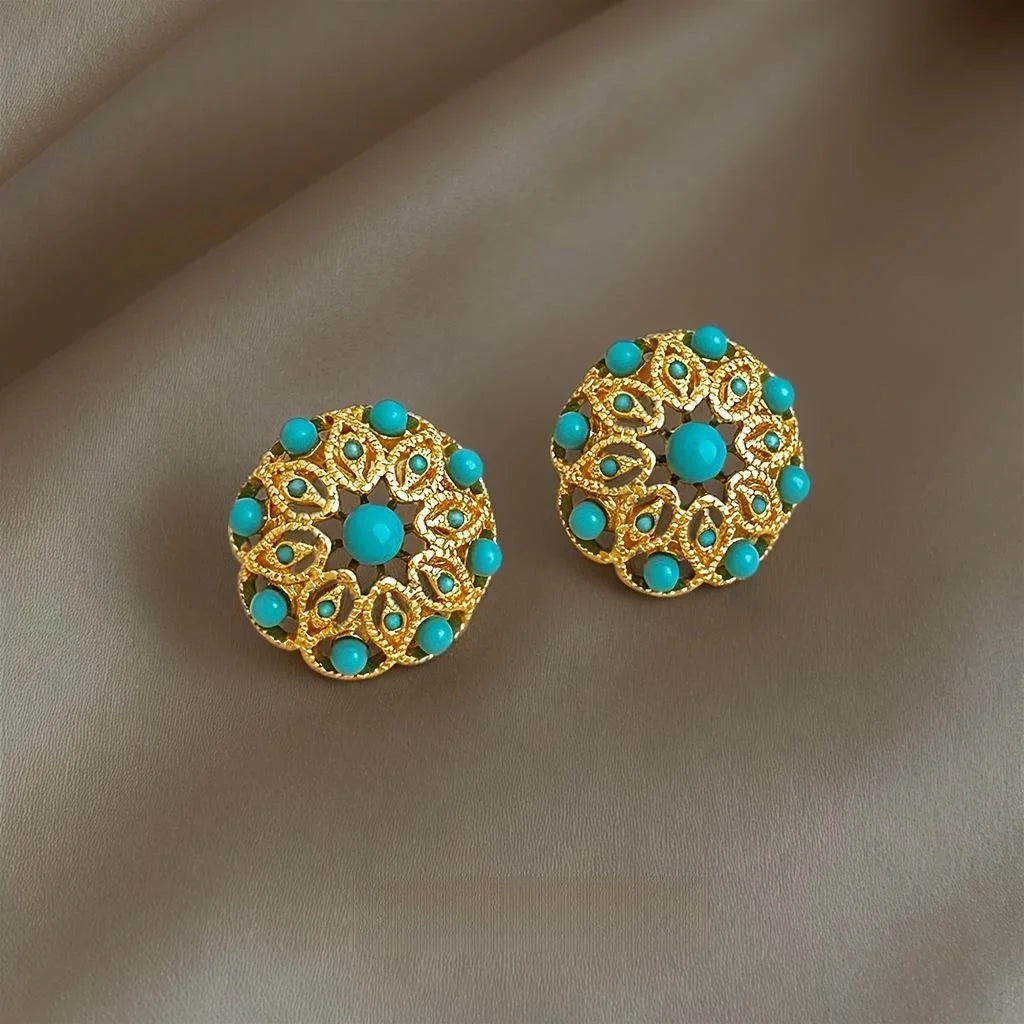 French Vintage Round Geometric Synthetic Turquoise Drop Earrings Heavy Craft Jewelry