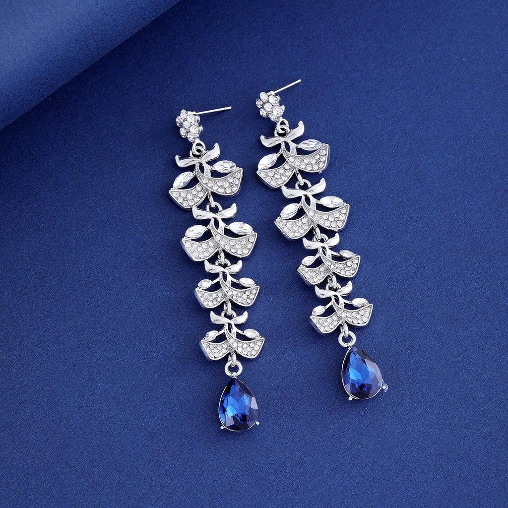 Luxury Rhinestone Leaf Tassel Earrings With Blue Teardrop Crystal, Elegant Long Dangle For Wedding Party
