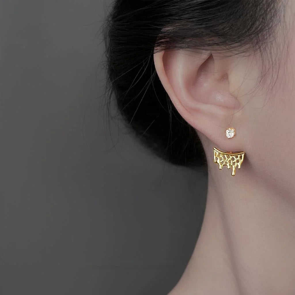 Light Luxury Geometric Mesh Liquid Melt Zircon Copper Drop Earrings With Silver Plated Posts