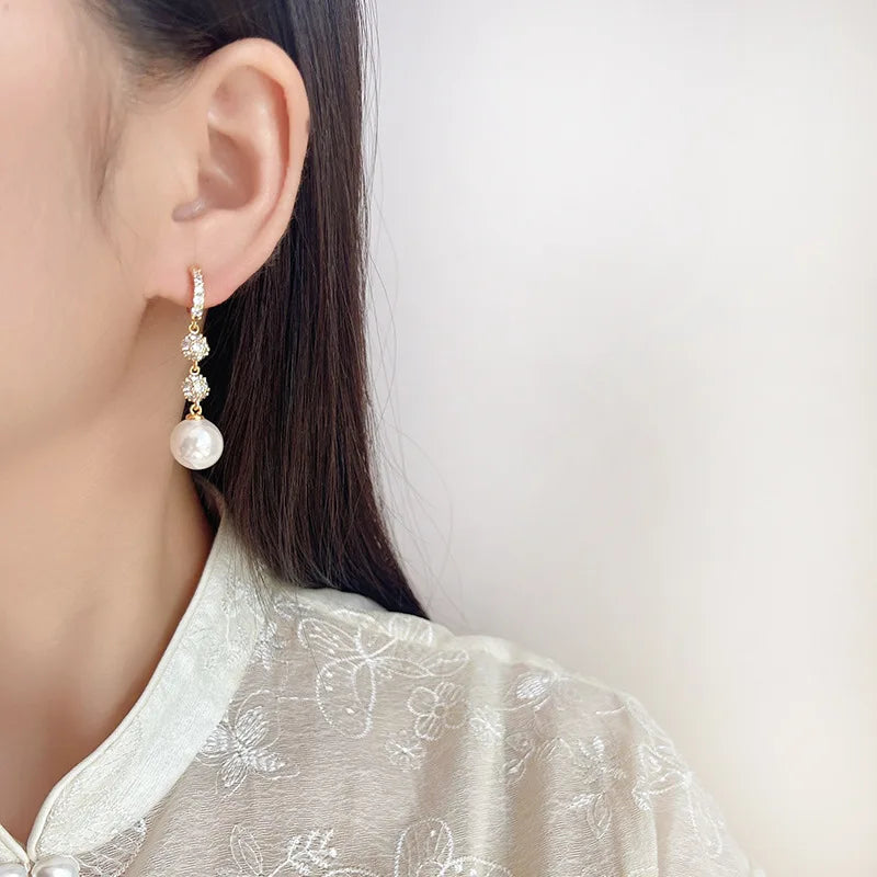 Elegant Zircon Pave Spiral Disc Pearl Drop Stud & Clip On No Piercing Long Dangle Earrings
