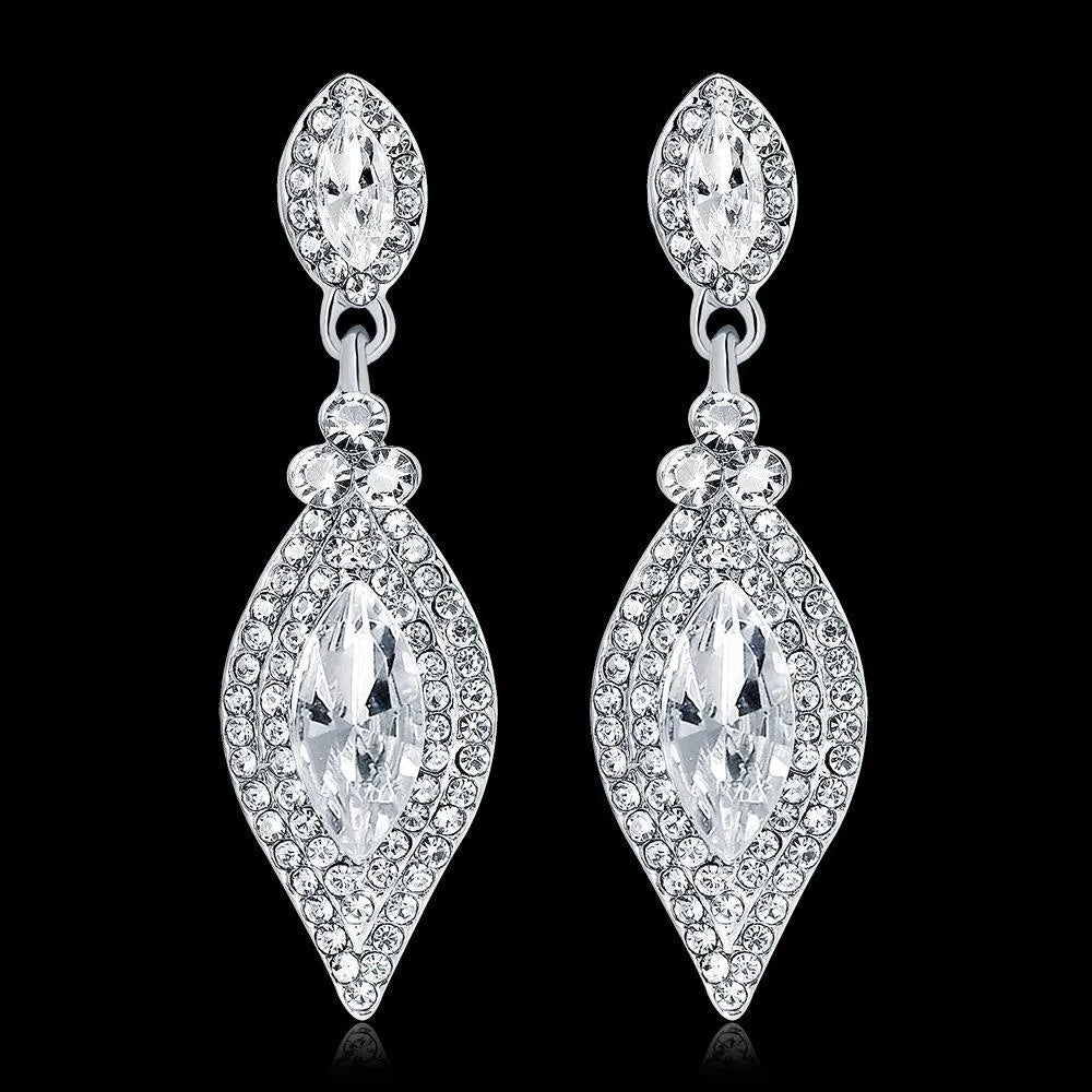 Luxury Rhinestone Crystal Teardrop Dangle Earrings, Elegant Silver Alloy Bridal Jewelry For Wedding Party