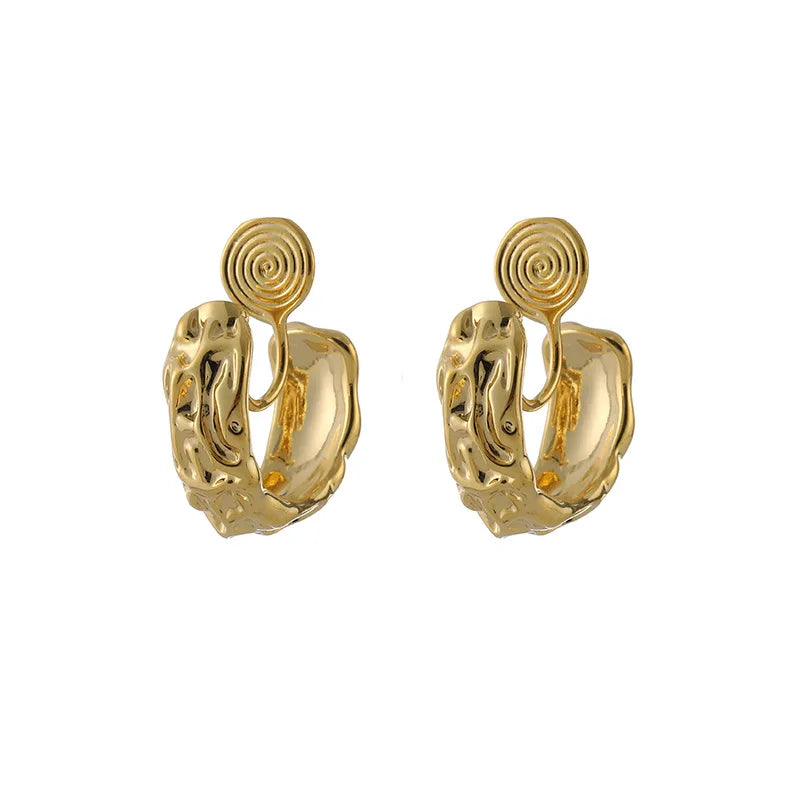 Elegant Gold Alloy Textured Spiral Hoop Stud & Clip On No Piercing Minimalist Commuter Earrings