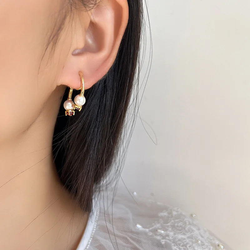 Elegant Spiral Disc Back Hanging Pearl Red Crystal Stud & Clip On No Piercing Hoop Earrings