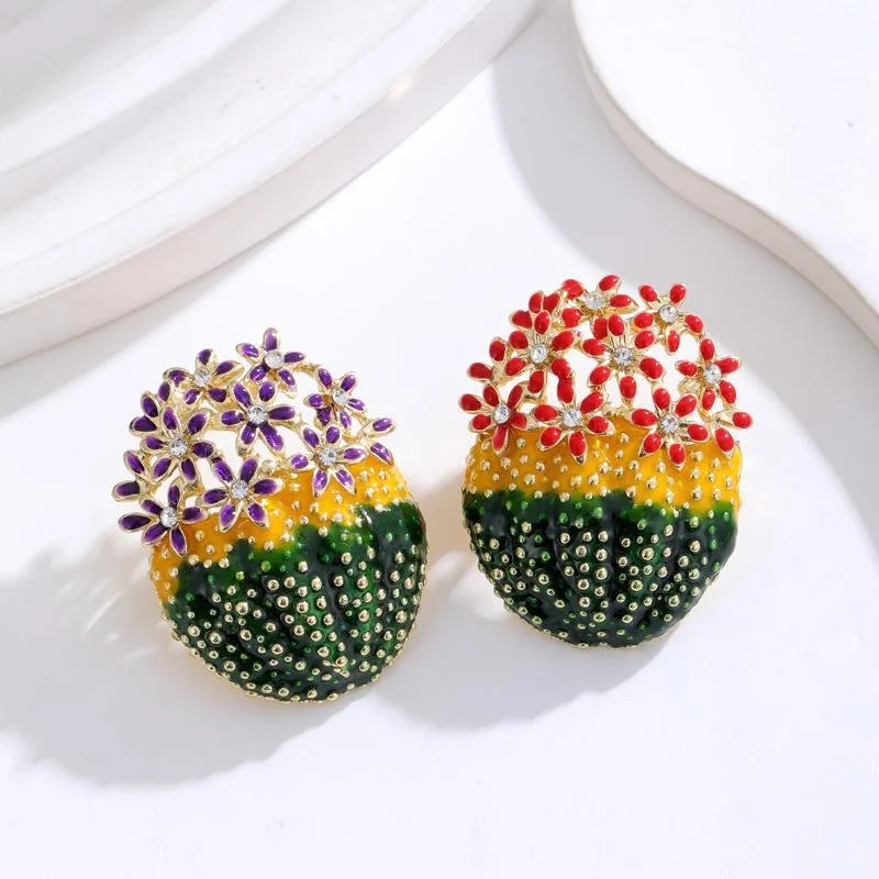 Cute Enamel Cactus Flower Brooch With Rhinestones, Gold Tone Alloy Plant Lapel Pin Corsage Gift