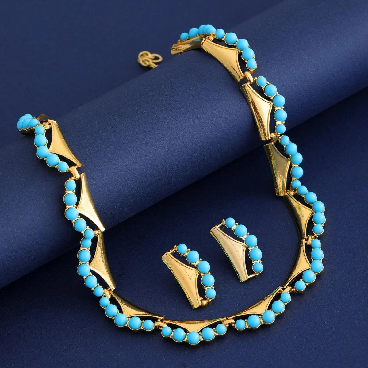 Vintage Gold Alloy Turquoise Bead Earrings Necklace Jewelry Set Elegant Bridal Jewelry For Wedding Party Gift