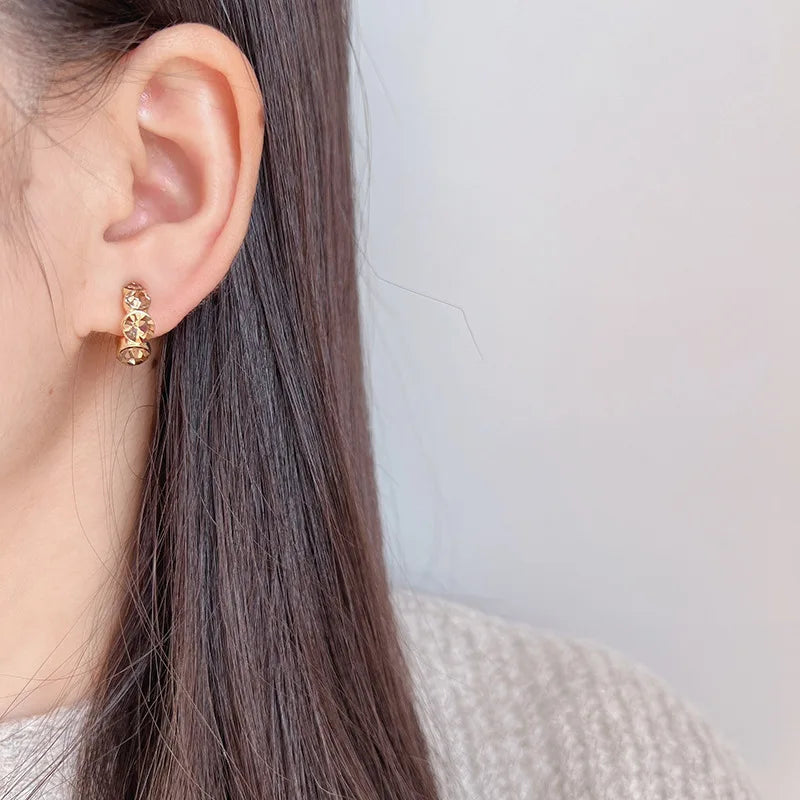 Luxury Gold Tone Brown Crystal Rhinestone Spiral Hoop Stud & Clip On No Piercing Alloy Circle Earrings