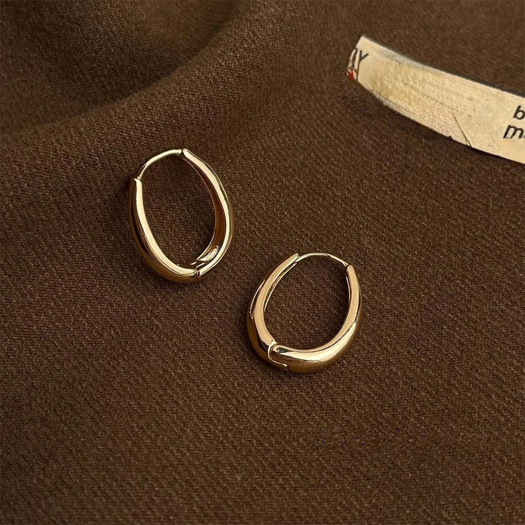 14K Gold Plated Copper Oval Geometric Drop Earrings, French Minimalist Smooth Fashion Jewelry