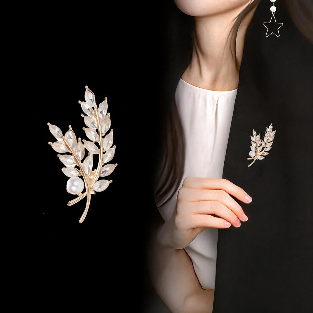 Elegant Gold Tone Alloy Wheat Brooch With Marquise Glass Leaves And Pearl Lapel Pin Suit Accessory