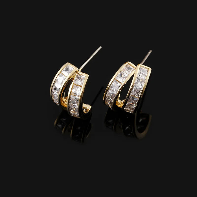 Elegant Geometric Square Zircon Hoop Stud & Clip On No Piercing Gold Alloy Huggie Earrings
