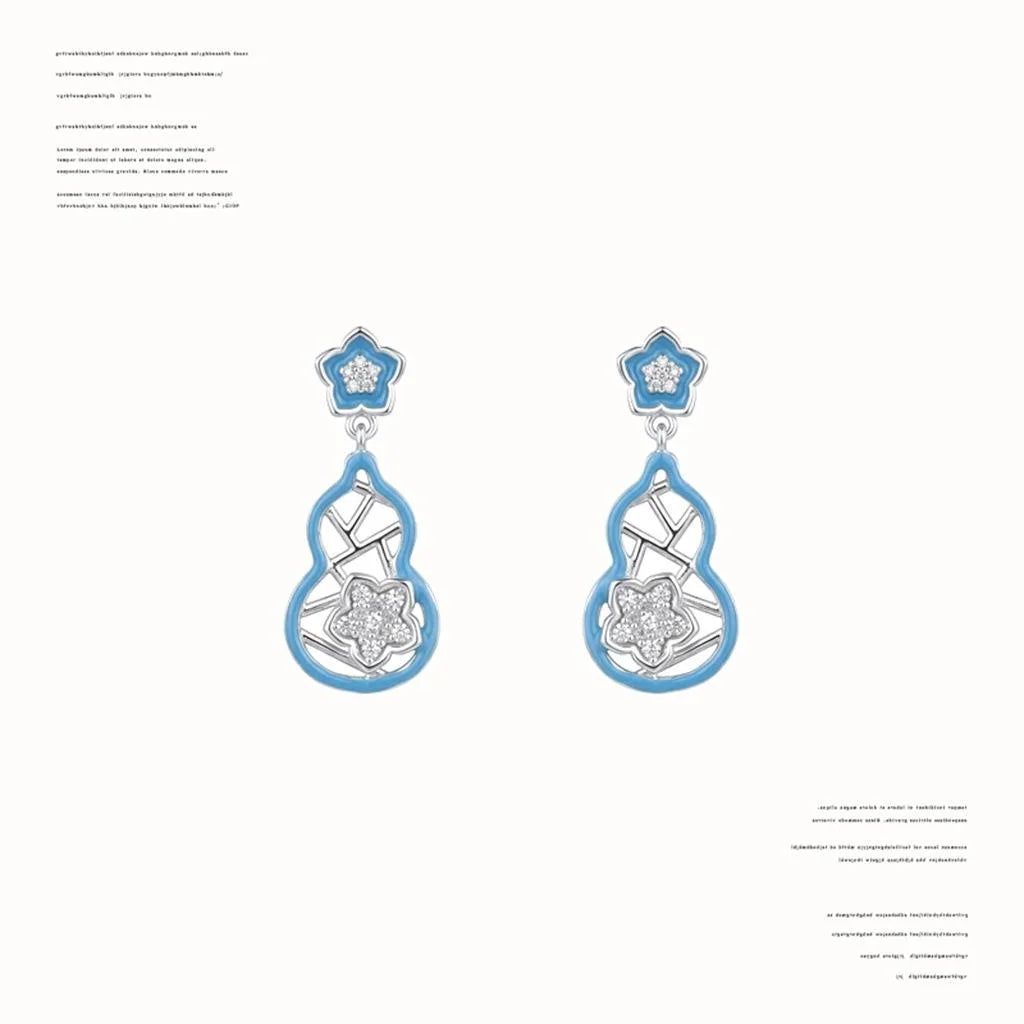 Original Designer Blue Enamel Gourd Flower Copper Zircon Drop Earrings Sweet Elegant Women's Jewelry