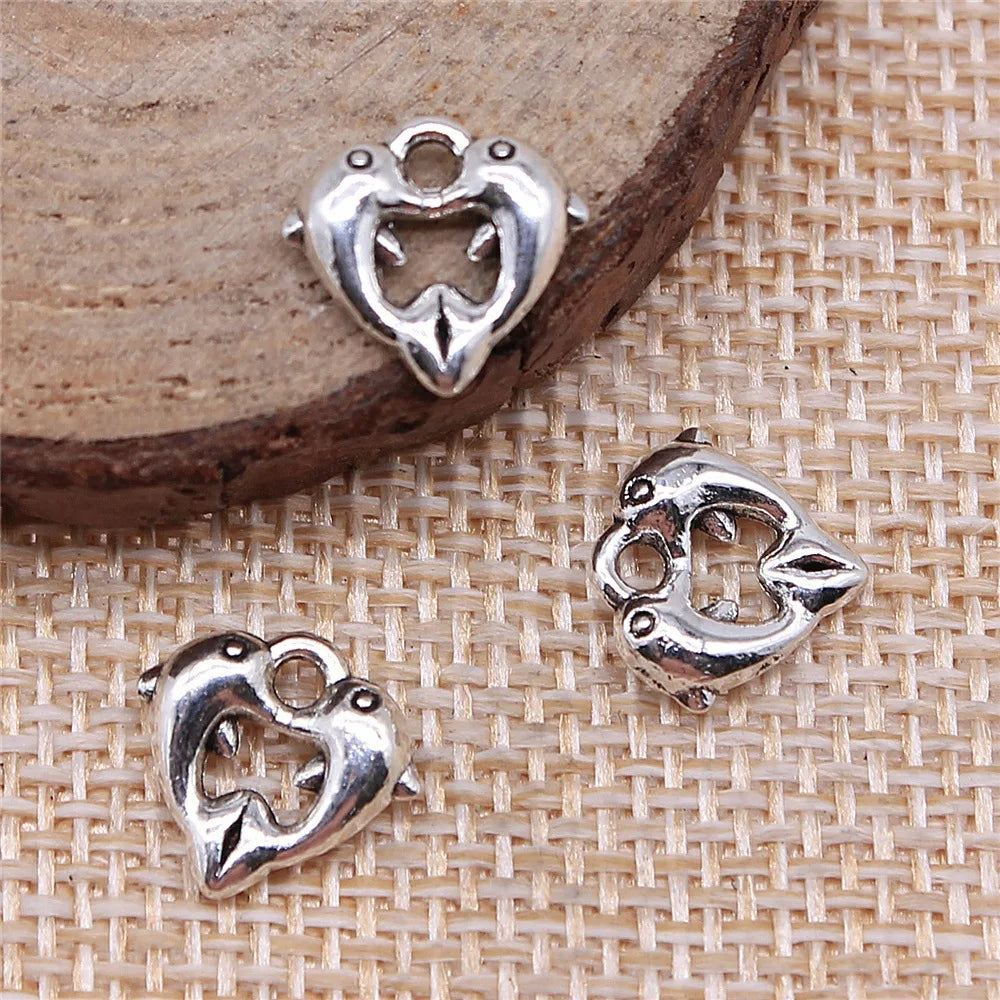 11x11mm 0.7g Antique Silver Zinc Alloy Heart Dolphin Charm Pendant for DIY Bracelet Making