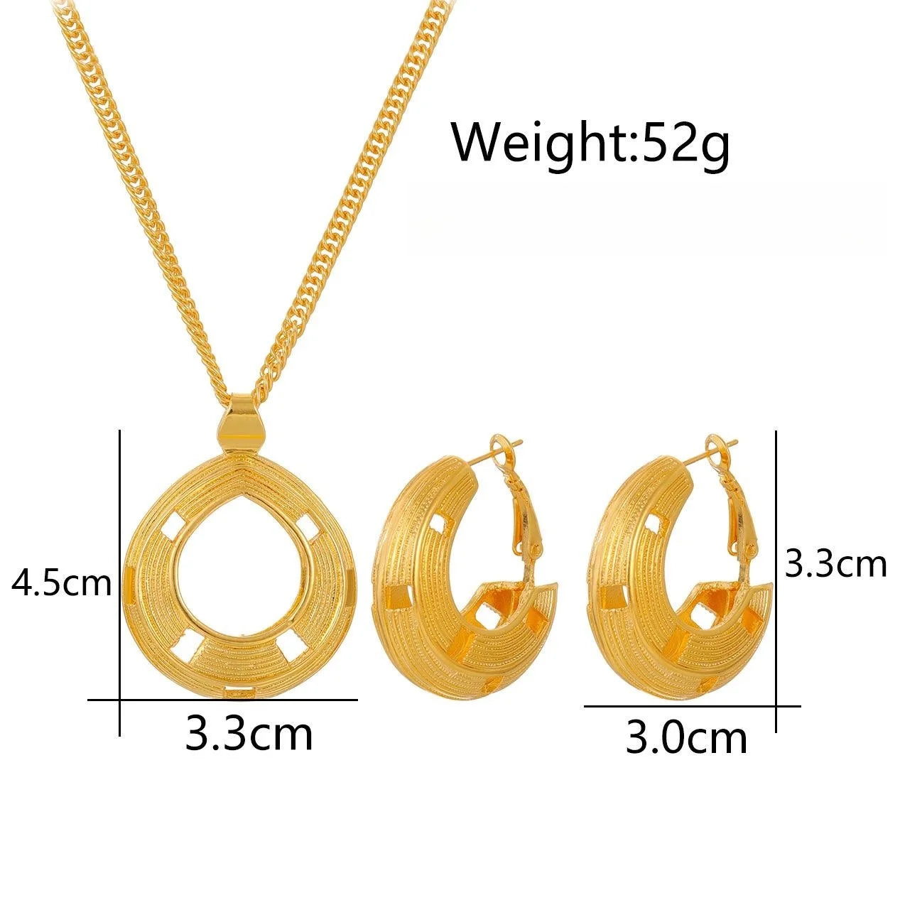 24K Gold Plated Alloy Geometric Pendant Necklace And Hoop Earrings Jewelry Set Luxury Wedding Party Jewelry Gift