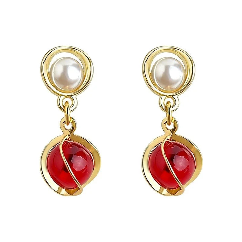 Vintage Burgundy Glass Crystal Drop Earrings With Copper Geometric Teardrop Design