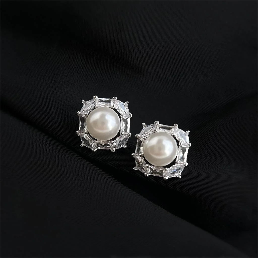 Light Luxury Zircon Pearl Geometric Square Stud Earrings For Women, Silver Plated Commuter Jewelry
